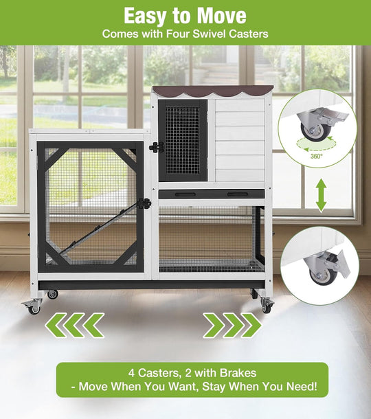 MEDEHOO Duplex Rabbit Hutch Indoor with Chew-Proof Frame &amp; 2 Leak-Proof Sliding Trays, Rain Cover, Wooden Guinea Pig Cages with Wheels - Black and White AIR7013-BW-2-AD-WM