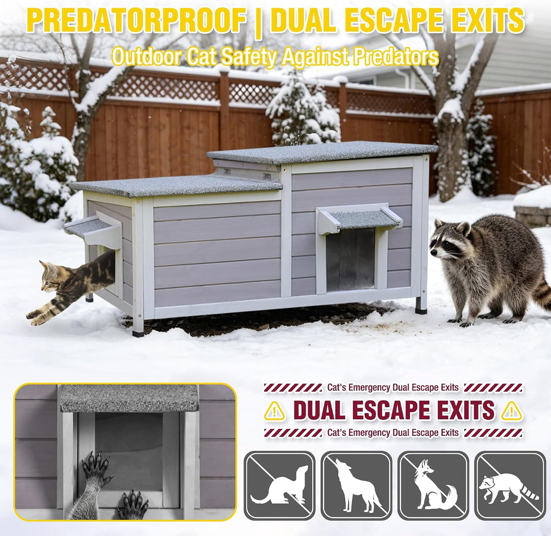 MEDEHOO Large Heated Cat House with Liner, Weatherproof Cat Shelter Outdoor Insulated Windproof Feral Cat Shelter with Heating Pad, Chewproof Cable, Escape Door for 2-4 Cats in Winter