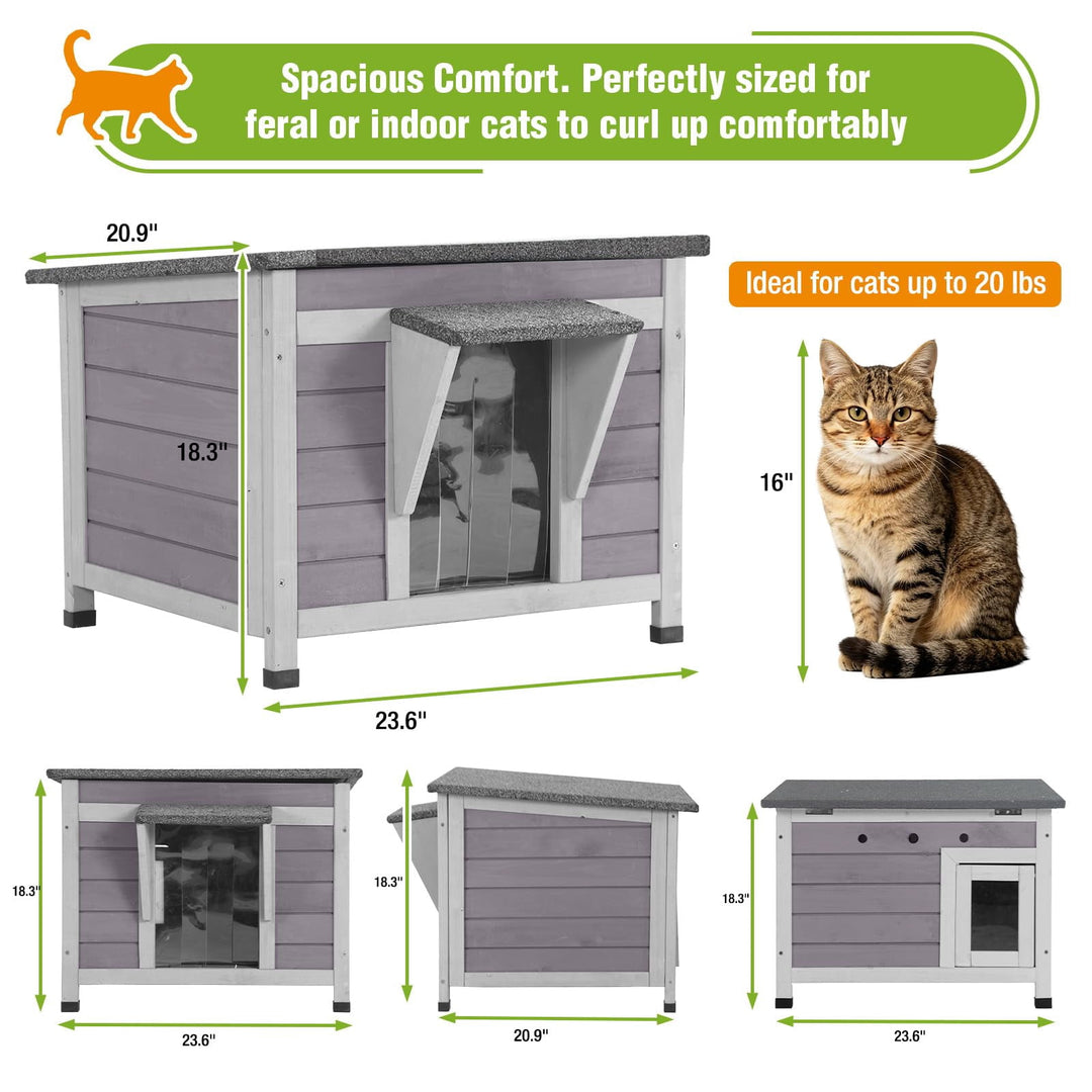 MEDEHOO Insulated Outdoor Cat House, Wooden Weatherproof Feral Cat Shelter with Liner Keep Warm for Winter, Easy Clean Openable Roof AIR12-IN-L