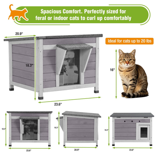 MEDEHOO Insulated Outdoor Cat House, Wooden Weatherproof Feral Cat Shelter with Liner Keep Warm for Winter, Easy Clean Openable Roof AIR12-IN-L
