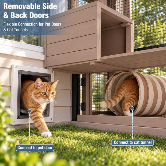 MEDEHOO Cat Catio Outdoor Cat House Movable Large Enclosures on Exercise Wheels Kitty Cage with Upgraded Resting Box,Waterproof Cover Camel AIR37-M-C-ML-WM