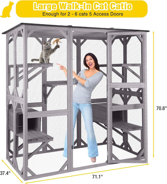 MEDEHOO Catio Outdoor Cat Enclosure Extra Large Window Cat House for Outdoor Cats Walk-in Kitty Cage with 7 Platforms Weatherproof Feral Cat Shelter