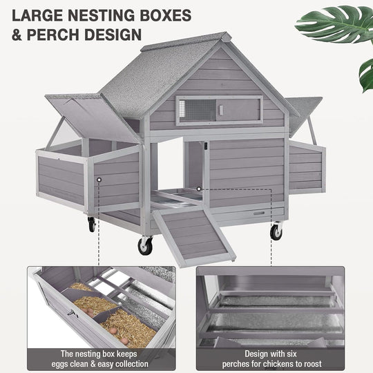 MEDEHOO Large Chicken Coop with Wheels, Expandable Chicken House for Outdoor with Two Nesting Box, Leakproof Pull-out Tray  Hen House for 5-6 Chickens AIR67-Q-WM