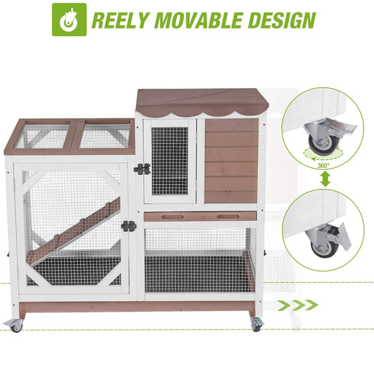 MEDEHOO 2-Story Rabbit Hutch with Chew-Proof Ramp &amp; Pull-Out Trays - Indoor/Outdoor 39.3" Wooden Rabbit Cage on Wheels for Rabbits, Guinea Pigs RH-AIR7013-MB