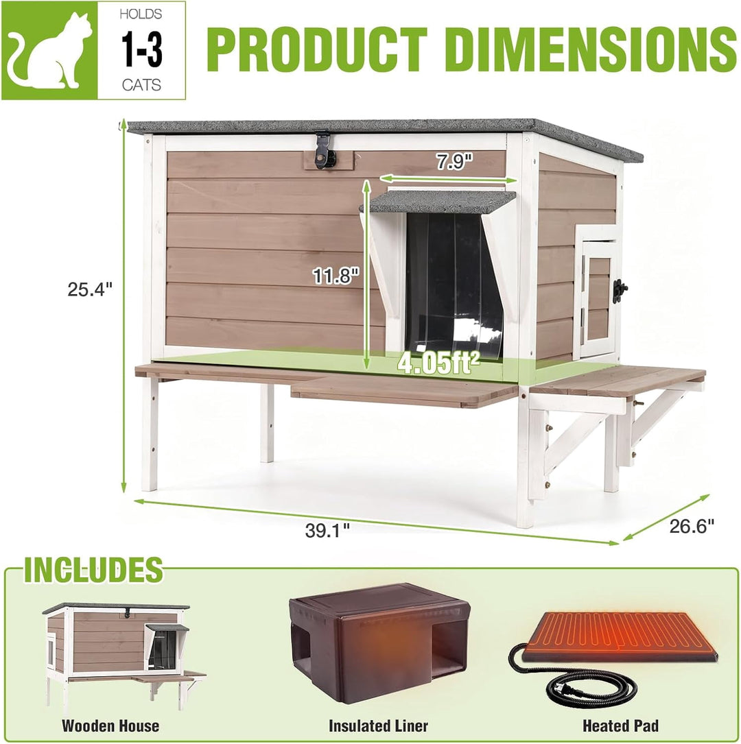 Heated Outdoor Cat House with Heating Pad and 6-Sided Insulation for Feral and Stray Cats, Brown AIR91-WB-HP-GE