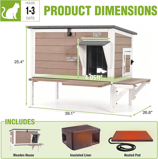 Heated Outdoor Cat House with Heating Pad and 6-Sided Insulation for Feral and Stray Cats, Brown AIR91-WB-HP-GE