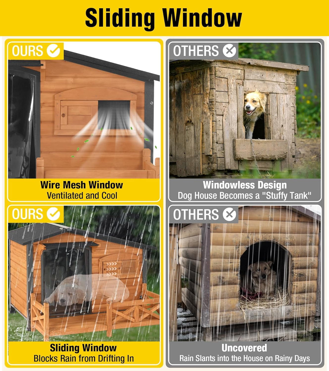 MEDEHOO Dog House Outdoor with Anti-Chewing Metal Frame, Wooden Dog Kennel with Sliding Window, Detachable Floor, Weatherproof Roof - Natural