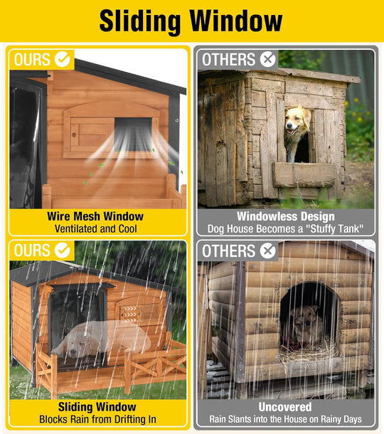 MEDEHOO Dog House Outdoor with Anti-Chewing Metal Frame, Wooden Dog Kennel with Sliding Window, Detachable Floor, Weatherproof Roof - Natural