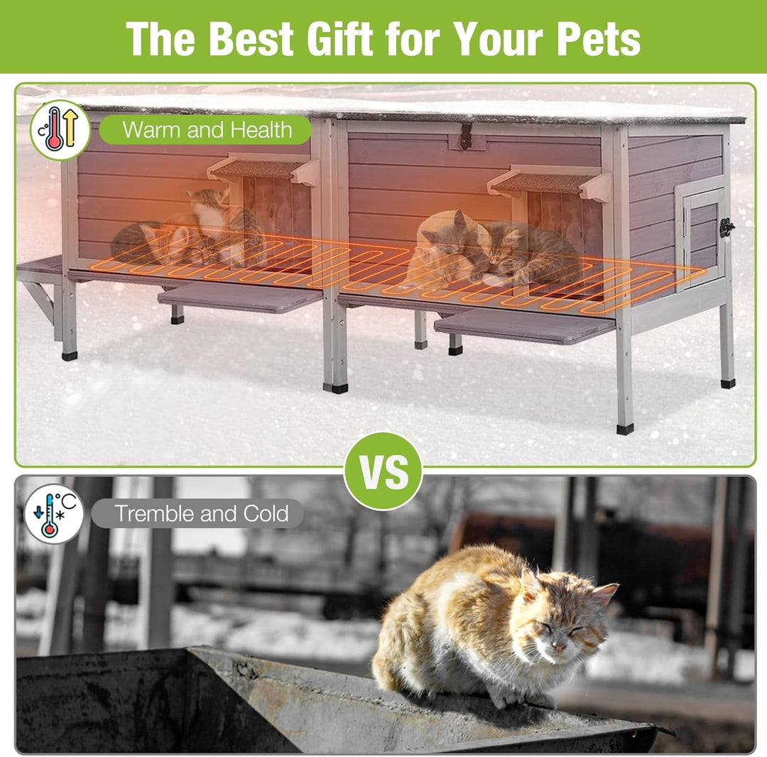MEDEHOO Heated Cat House for Outside Insulated Outdoor Cat House Weatherproof Feral Cat Shelter with Cat Heated Pad, All-Round Thermal Liner, Secure Escape Doors for 1-3 Cats