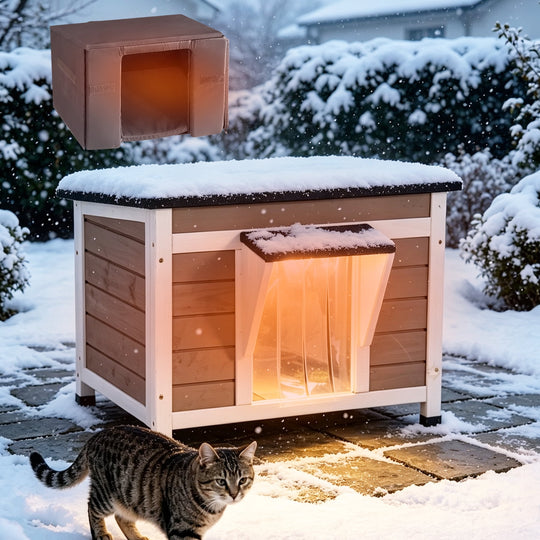 MEDEHOO Cat House for Outdoor Cats Insulated Feral Kitty Shelter with Warm Liner for Winter Waterproof Rabbit Hutch for Bunnies,Cats, White &amp; Brown