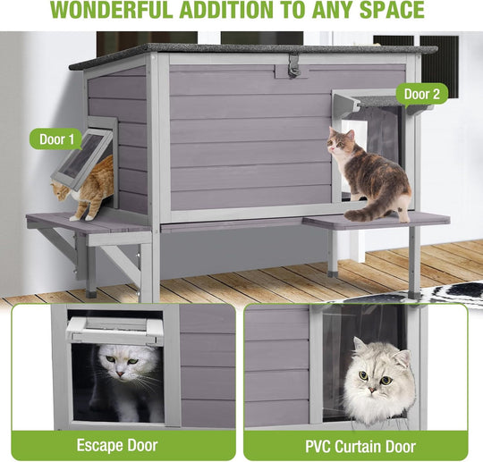 MEDEHOO Insulated Outdoor Cat House with All-Round Liner, Weatherproof Feral Cat Shelter for Winter, Outside Stray Cat House with 3 Escape Doors and Elevated Base AIR91-IN-ML