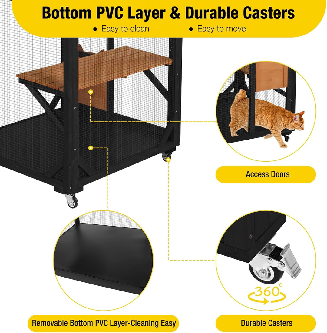 MEDEHOO Outdoor Catio Cat Enclosures on Wheels Cat House 70.9" Large Cat Condon House with Upgraded Resting Box,Waterproof Roof Cover,Brown