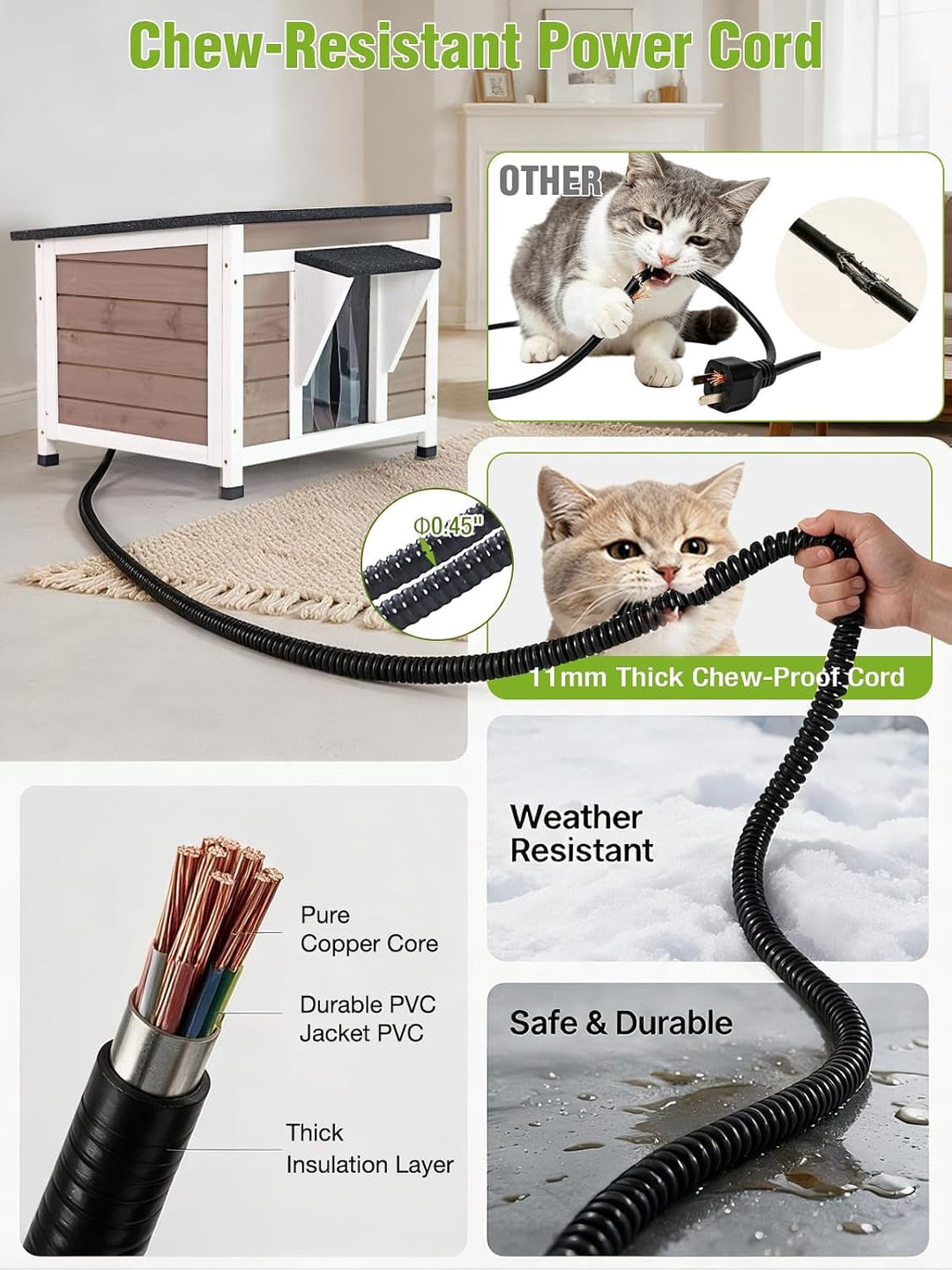MEDEHOO Heated Cat House Outdoor Insulated Weatherproof Wooden Feral Shelter, Insulated Liner, 8-Layer Heating Pad, Asphalt Roof, PVC Door Flap, Brown AIR12-WB-HP-WL