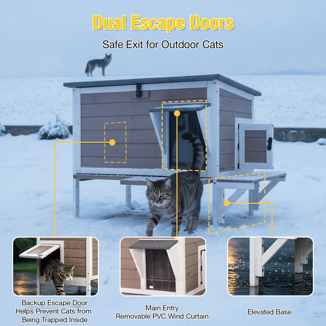 MEDEHOO Heated Outdoor Cat House, Insulated Wooden Feral Shelter with 8-Layer Heating Pad &amp; Weatherproof Asphalt Roof, Dual Escape Doors AIR91-B-HP-PA-WM