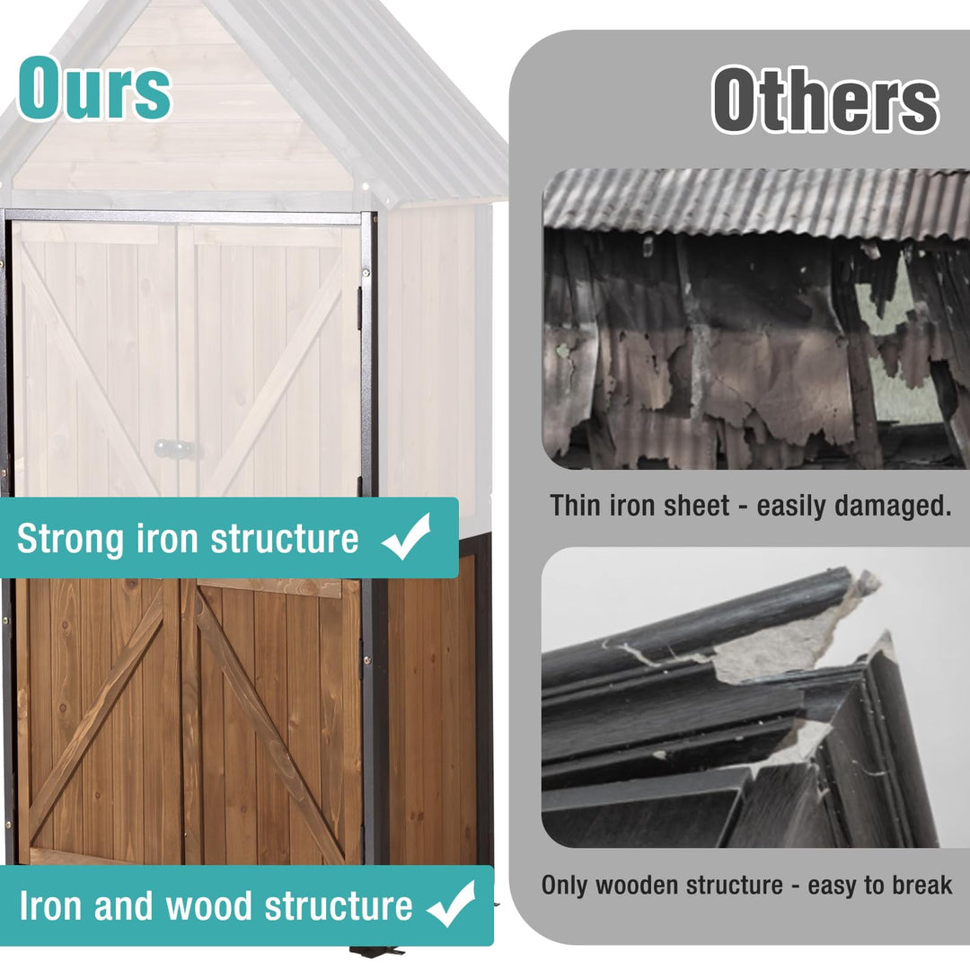 MEDEHOO Shed Outdoor Storage, Outdoor Storage Cabinet with Metal Frame &amp; Adjustable Shelves, Weatherproof Tool Shed for Backyard Patio Lawn, Brown AIR7004-A11-WM