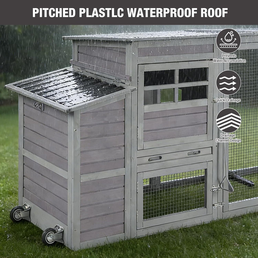 MEDEHOO 78.4"Large Chicken Coop with Run, Mobile Portable Hen House Poultry Cage for 4-6 Chickens with Wheels, Nesting Box, Metal Tray, Waterproof