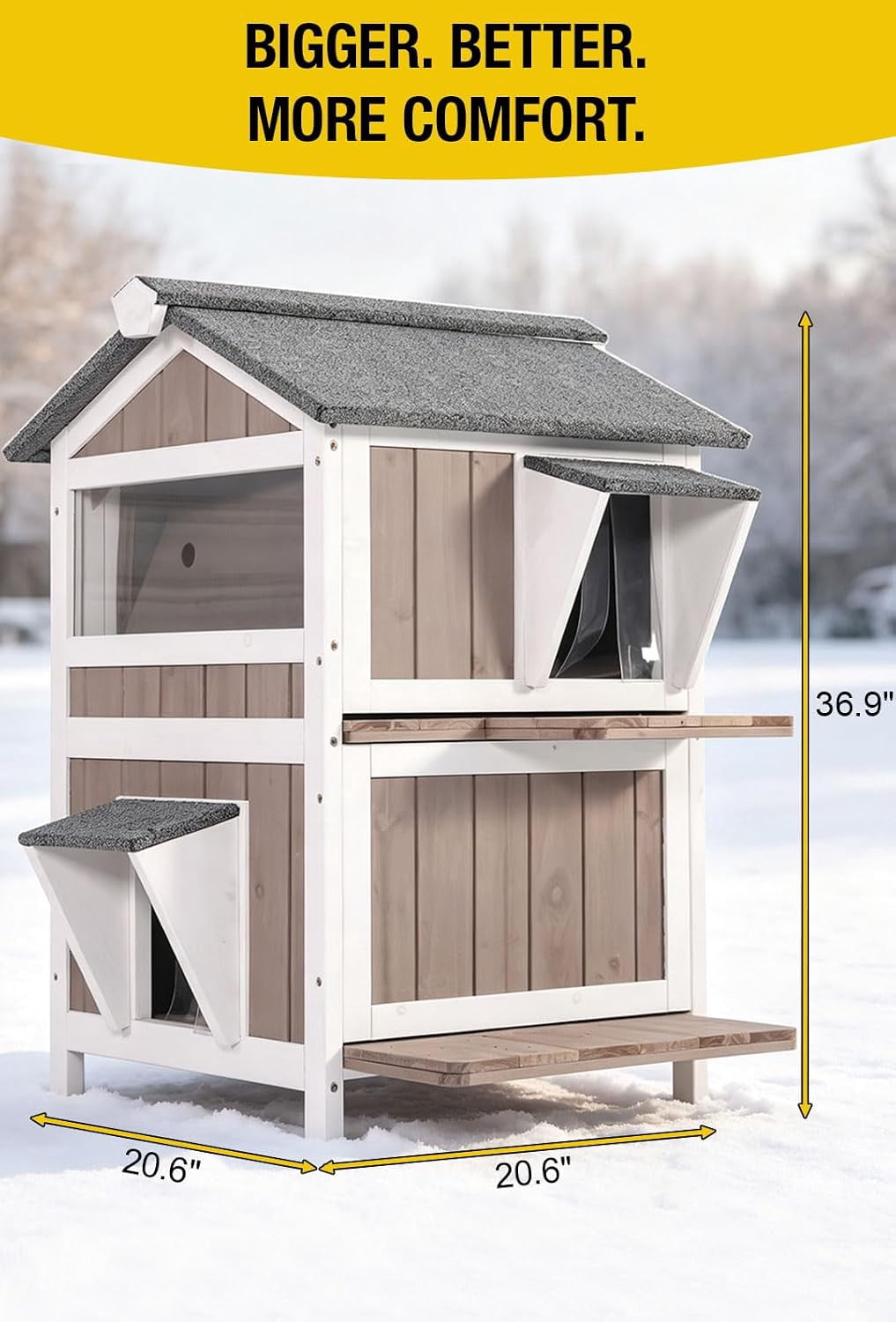 MEDEHOO Outdoor Heated Cat House Insulated Weathproof Two Story Feral Cat Shelter for Winter with Escape Door, Heated Pad, Insulated Liner Brown