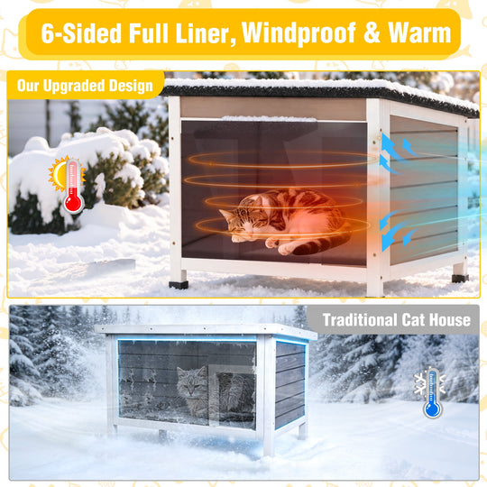 MEDEHOO Insulated Outdoor Cat House, Weatherproof Feral Cat Shelter for Winter with 6-Side Thermal Liner, Elevated Wooden Kitty Kennel for Backyard, Light Brown AIR12-WB-IN-GE-WM2