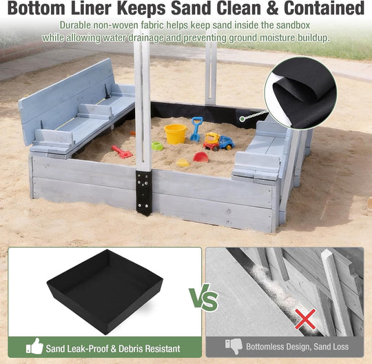 MEDEHOO 47.2"Sandbox with Lid and Cover for Kids Outdoor with 2 Foldable Bench Seats, Adjustable Canopy and Sand Protection Liner, (Blue)