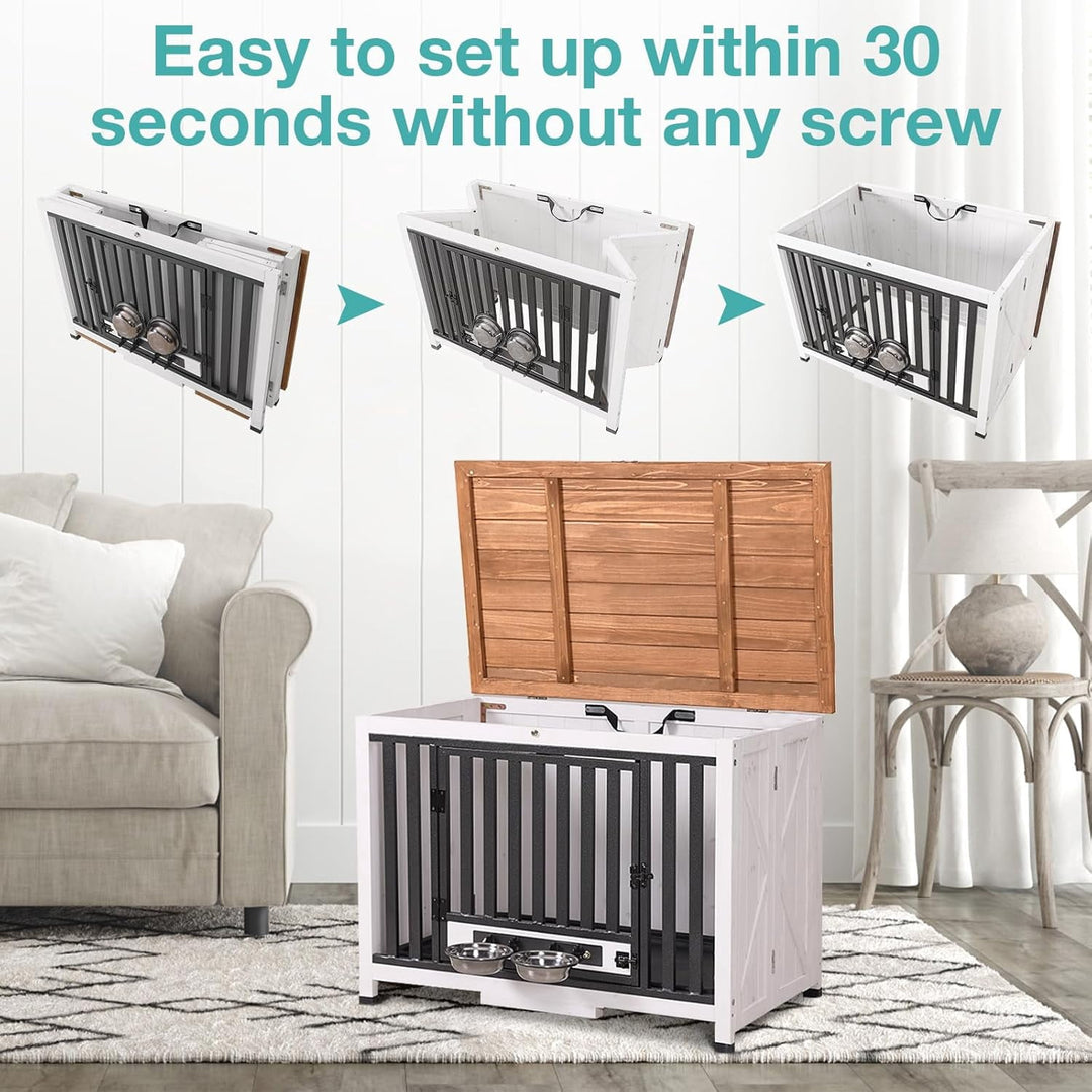 MEDEHOO Foldable Dog Crate – Indoor Kennel with Pull-Out Tray &amp; 2 Bowls, Modern Side Table Design for Medium Breeds (Brown) AIR100-A12-WM