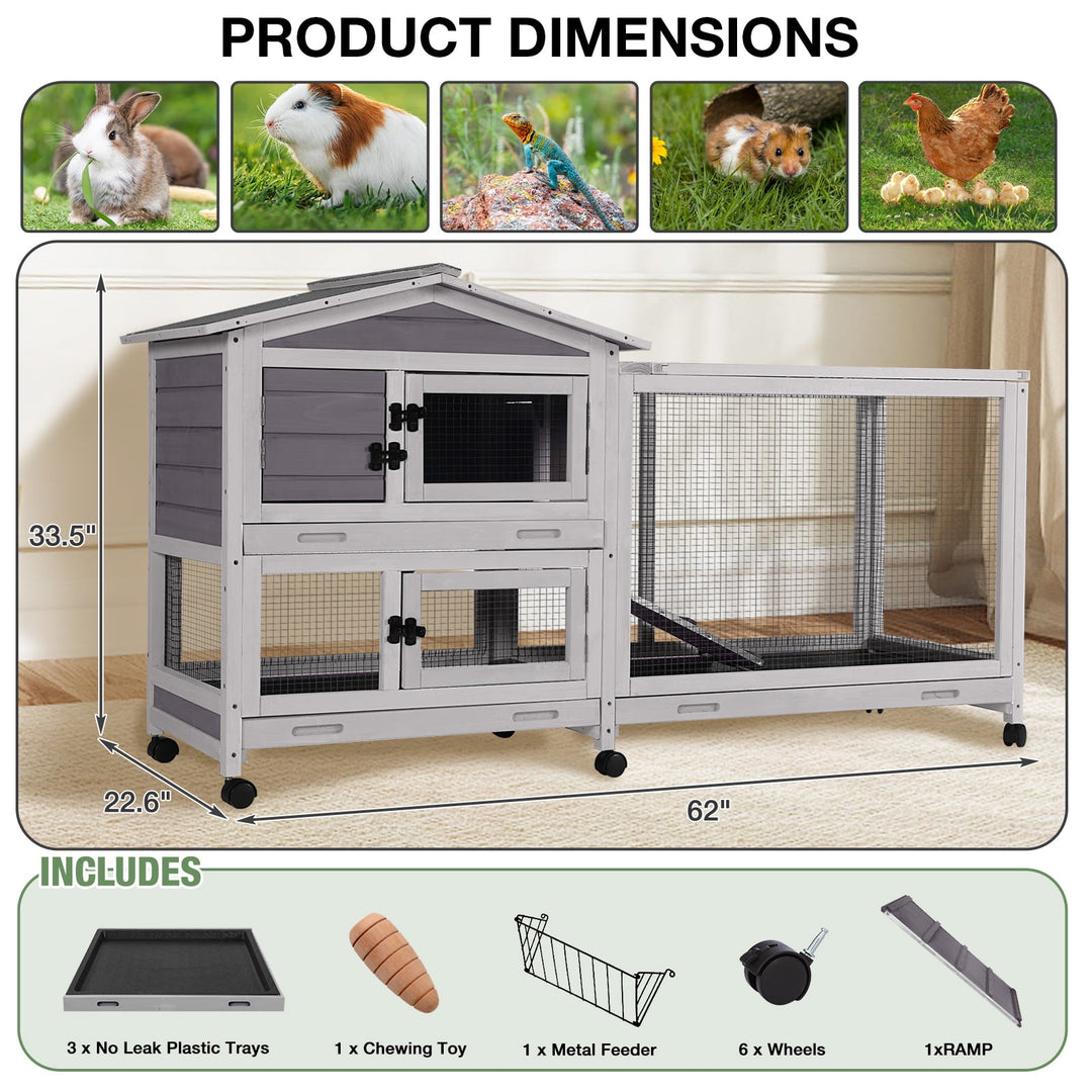MEDEHOO 62" Rabbit Hutch with Wheels for Outdoor &amp; Indoor, 2-Story Bunny Cage with Pull Out Tray, Chew-Proof Ramp, Waterproof Roof