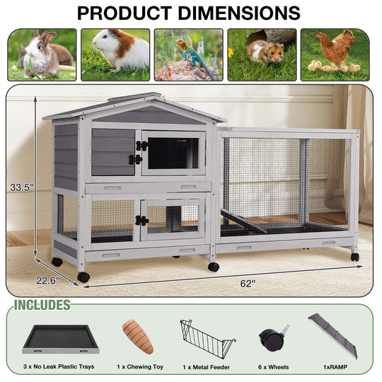 MEDEHOO 62" Rabbit Hutch with Wheels for Outdoor &amp; Indoor, 2-Story Bunny Cage with Pull Out Tray, Chew-Proof Ramp, Waterproof Roof