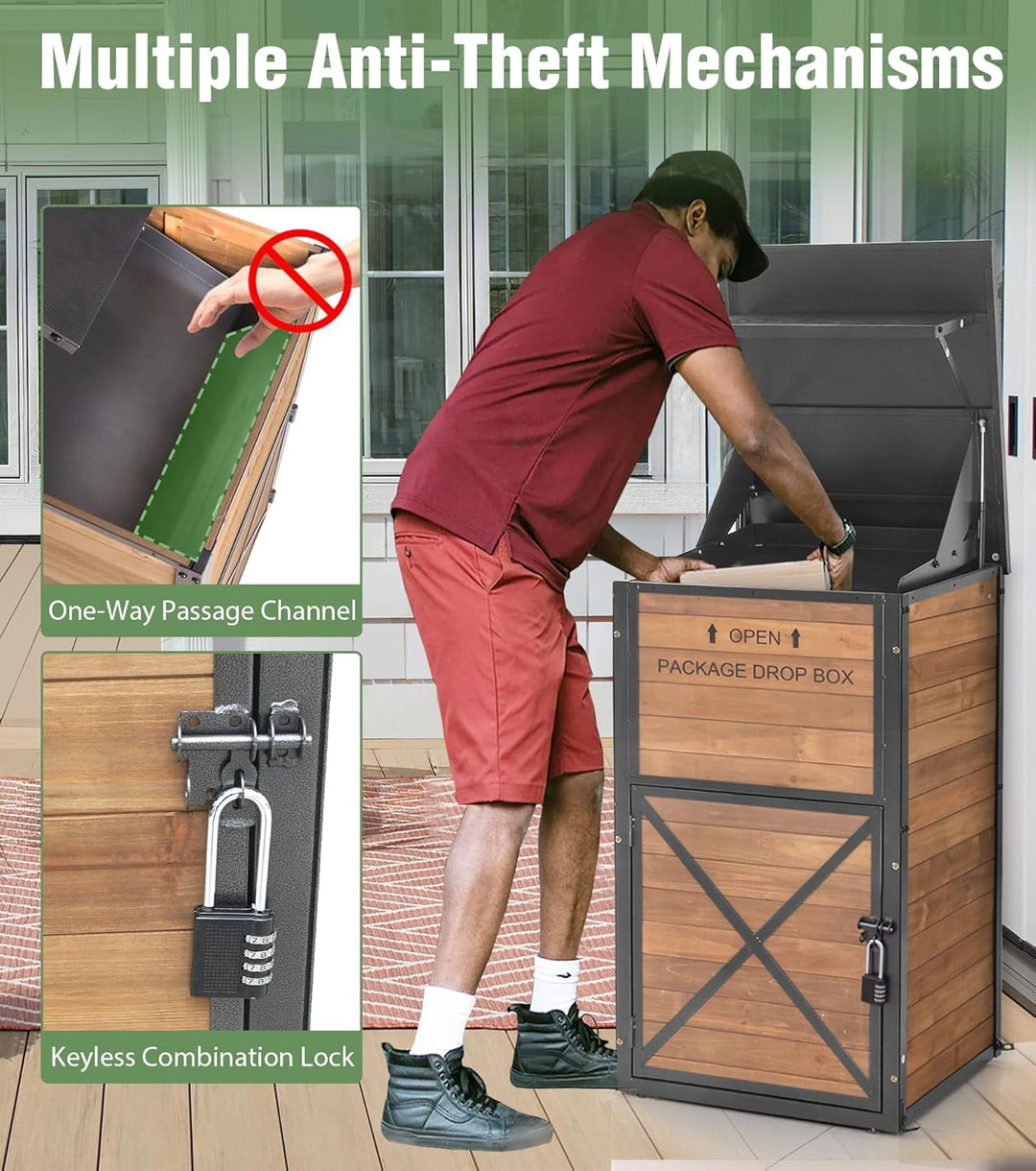 MEDEHOO Package Delivery Boxes for Outside, Anti-Theft &amp; Weatherproof Solid Wood with Iron Frame, Parcel Drop Box with Combination Lockable, Lockable Secure Package Holder for Porch AIR7011-4-AD-WM