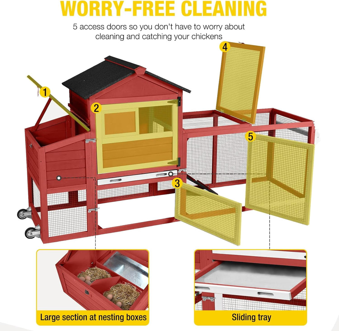 MEDEHOO Large Chicken Coop with Wheels  82.4" L Outdoor Hen House with Run Nesting Box for 4-6 Chickens, Mobile Chicken House Portable Duck Coop Red