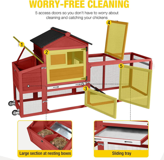 MEDEHOO Large Chicken Coop with Wheels  82.4" L Outdoor Hen House with Run Nesting Box for 4-6 Chickens, Mobile Chicken House Portable Duck Coop Red