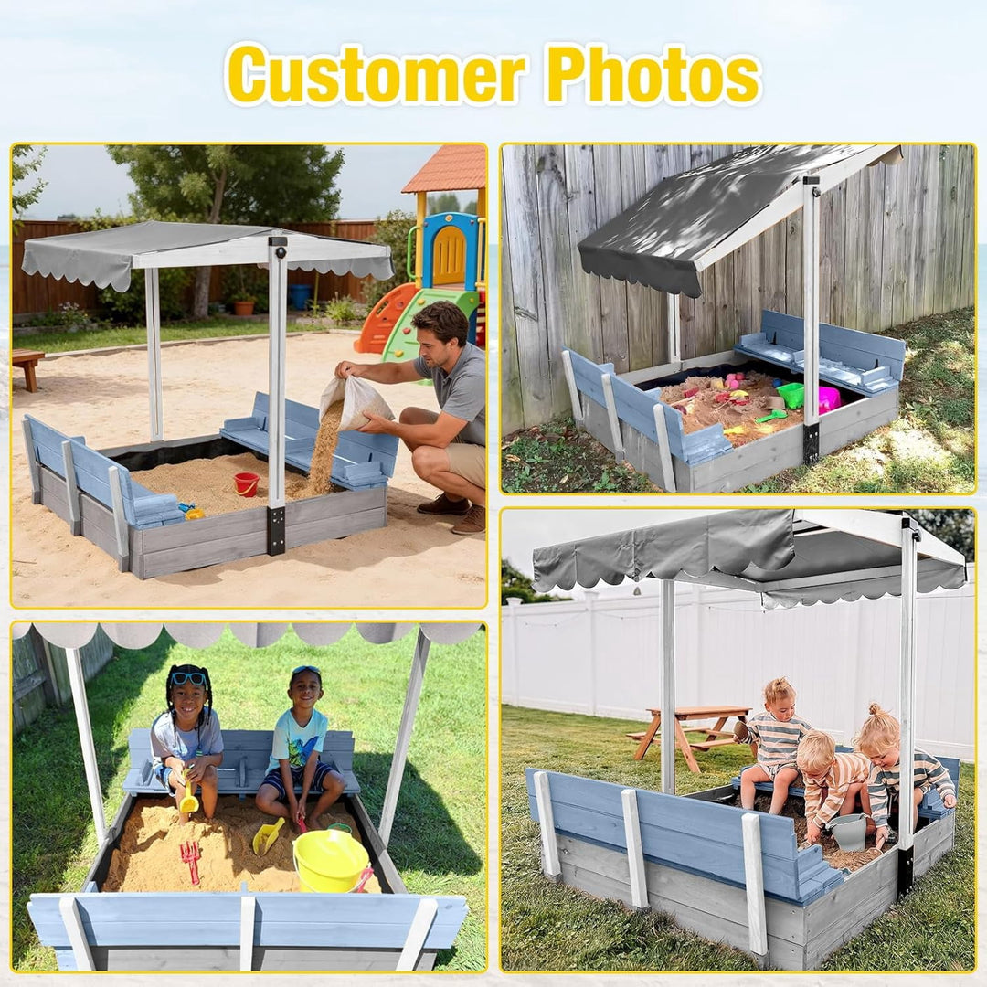 MEDEHOO Sandbox with Cover,Large Wooden Sand Box with lids Foldable Beench Seats,Sand Boxes for Backyard Garden, Beach Patio Outdoor GUT05-B-A12-WM