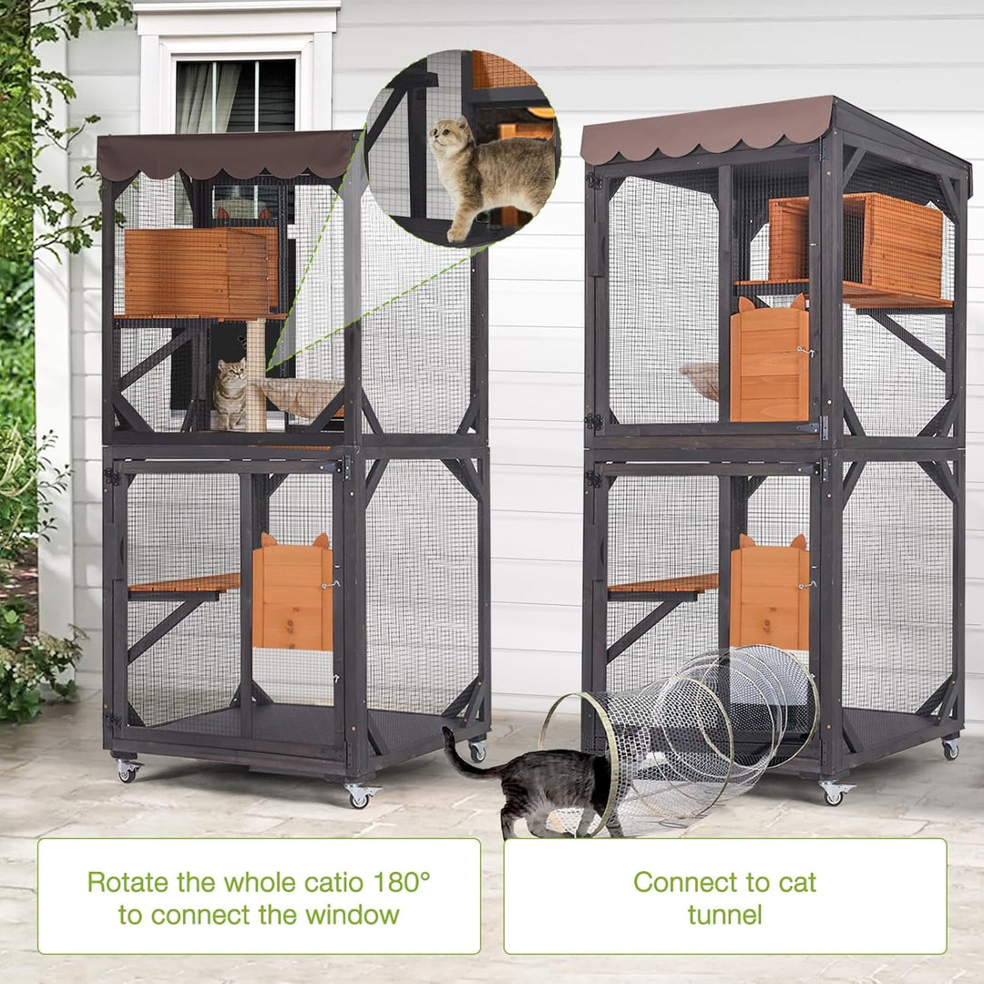 MEDEHOO Catio Outdoor Cat Enclosure Mobile Cat House Indoor On Wheels with Scratch Post,Hammock,Resting Box,Platform,Tarp Roof 71.9" AIR7014-N-WM