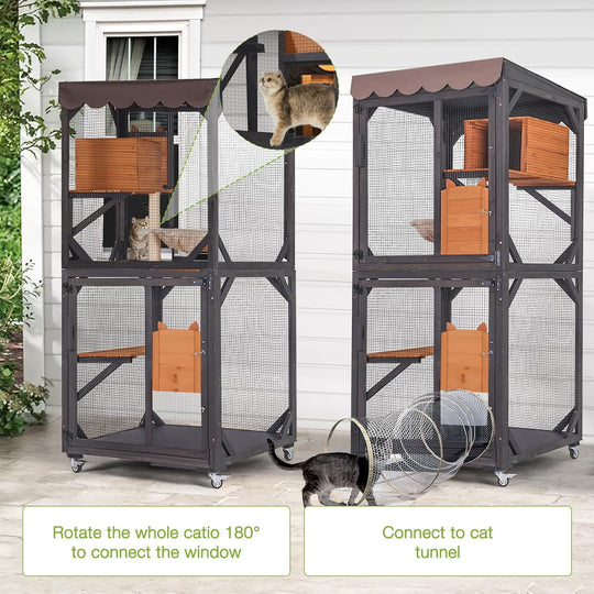 MEDEHOO Catio Outdoor Cat Enclosure Mobile Cat House Indoor On Wheels with Scratch Post,Hammock,Resting Box,Platform,Tarp Roof 71.9" AIR7014-N-WM