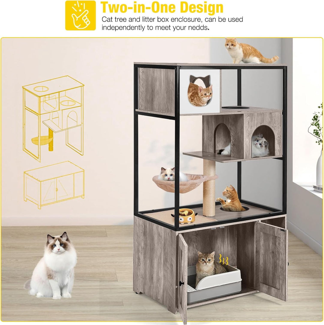 MEDEHOO Cat Litter Box Enclosure, Litter Box Furniture Hidden, Wooden Cat Washroom Furniture, Indoor Cat House with Condo, Hammock, Scratching Mat and Storage Shelves-Greige