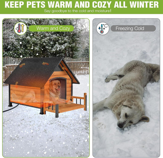 MEDEHOO Outdoor Heated Dog House Anti-Bite Weatherproof Dog Kennel Puppy Shelter Indoor with Heating Pad, All-Around Insulated Liner and Porch for Large Breed, 45" D x 32.9" W x 32.6" H (Brown) AIR80-IN-HP-MA-WM