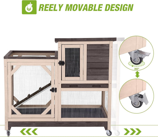 MEDEHOO 2-Story Rabbit Hutch with Chew-Proof Ramp &amp; Pull-Out Trays - Indoor/Outdoor 39.3" Wooden Rabbit Cage on Wheels for Rabbits, Guinea Pigs (Beigie&amp;Brown)