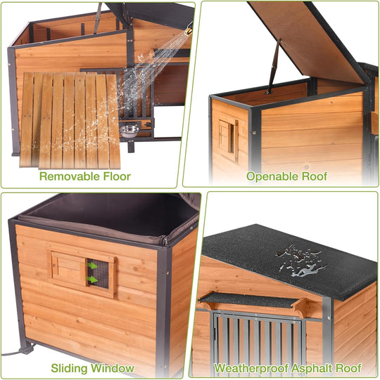 MEDEHOO 60’’ Extra Large Heated Outdoor Dog House for Large Breed, Insulated Dog Kennel with Wider and Thicker Metal Frame, Weatherproof Dog Shelter with Thermostatic Heating Pad for Winter DH7021-L-IN-HP-2DML-WM