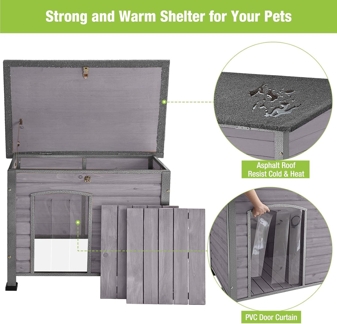 MEDEHOO Indoor Outdoor Dog House, Anti-Chewing Iron Frame Dog Kennel, Wood Warm Pets Home,Weatherproof Outside Shelter for Feral Animal 33.5" (L) X 22" (W) X 25.2" (H) Grey AIR073-WM