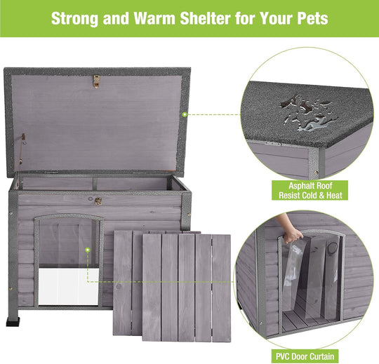 MEDEHOO Indoor Outdoor Dog House, Anti-Chewing Iron Frame Dog Kennel, Wood Warm Pets Home,Weatherproof Outside Shelter for Feral Animal 33.5" (L) X 22" (W) X 25.2" (H) Grey AIR073-WM