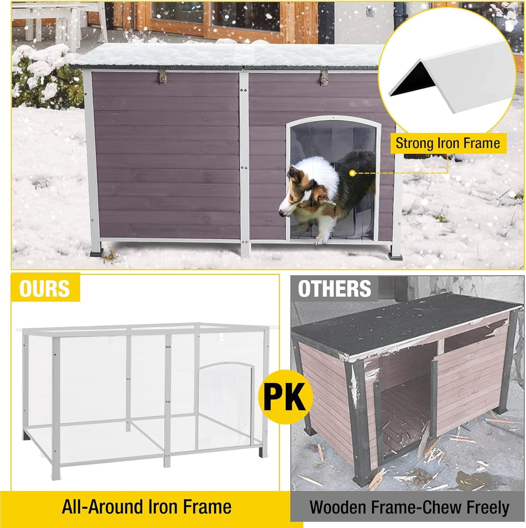 MEDEHOO Outdoor Dog House 59" Extra Large Insulated Dog Kennel with Insulation Liner for Winter,All-Around Iron Frame AIR64-IN-WM