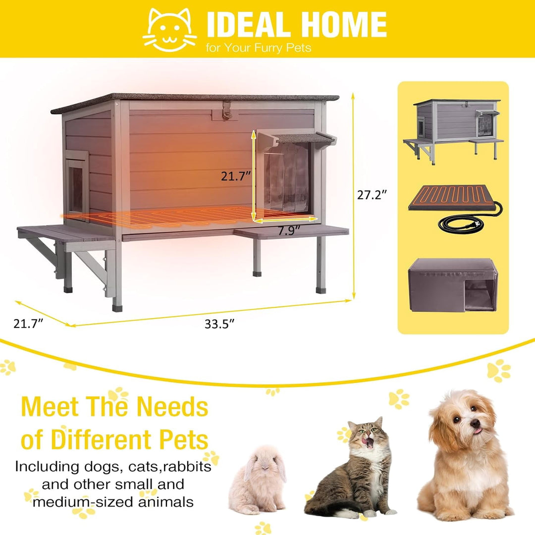 MEDEHOO Heated Outdoor Cat House with Heating Pad, Insulated Liner, Escape Door, 33.5" Large Weatherproof Feral Stray Cat Shelter for Outside Winter AIR91-HP-A11-WM