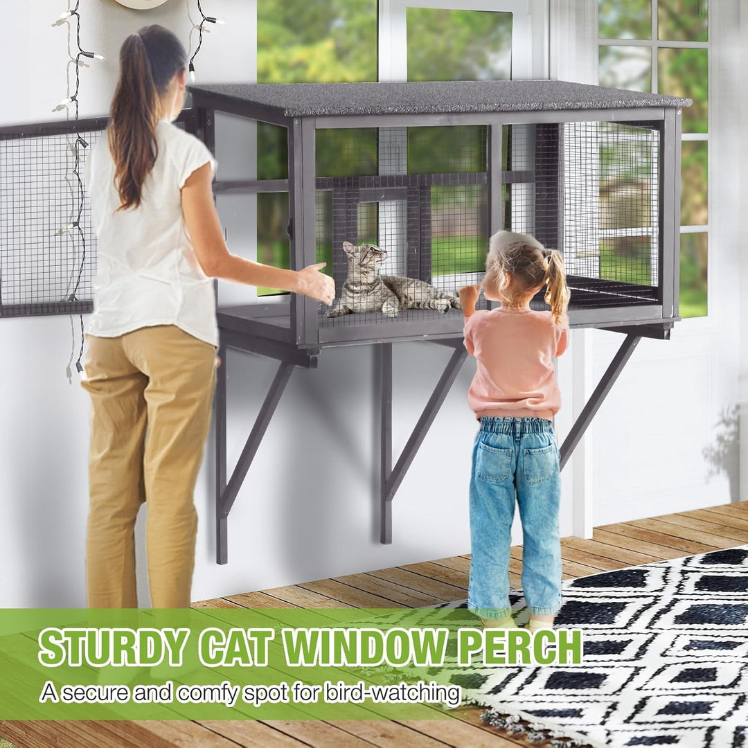 MEDEHOO Outdoor Cat Enclosure &amp; Window Perch - High Density Wire Mesh, PVC Back Door, Bug-Proof (39.4" L × 22.8" W × 43.4" H) AIR7016-N-WM