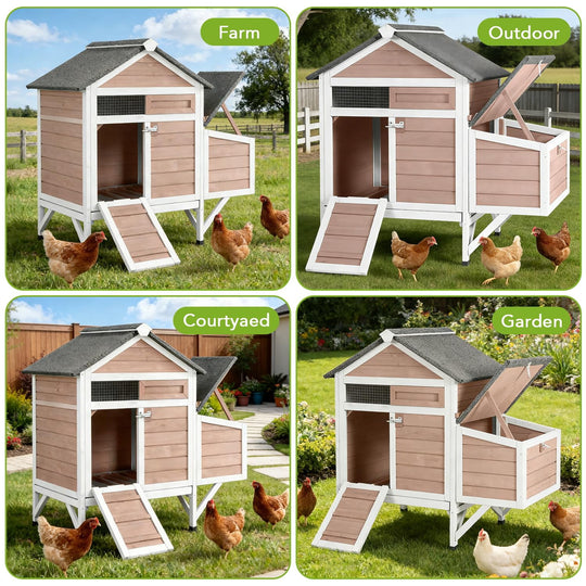 MEDEHOO Chicken Coop for 2 Chickens Outdoor, Small Wooden Chicken House with Expandable Run, Nesting Box &amp; Pull-Out Tray, Backyard Poultry Coop for Hens Quail AIR7020-W-SA-WM