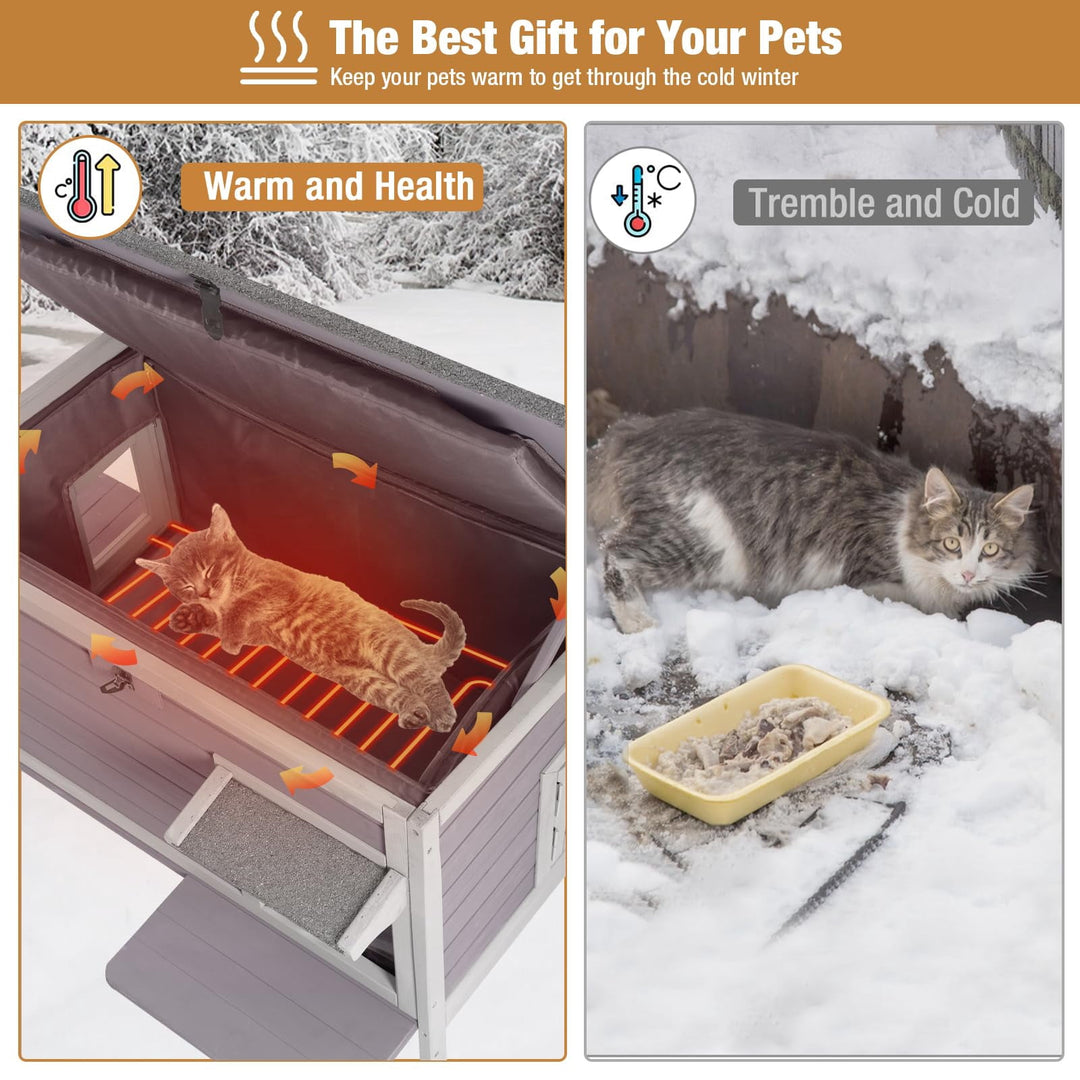 MEDEHOO Heated Cat House for Outside Cats Winter, 100% Waterproof Insulated Outdoor Cat Shelter with Heater &amp; Insulated Liner AIR91-IN-HPS-WM