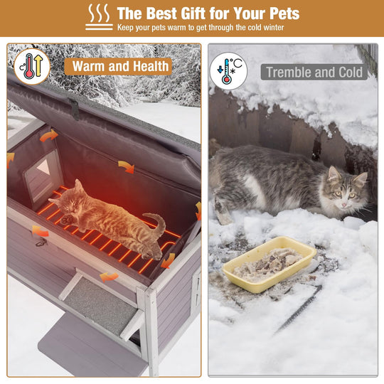 MEDEHOO Heated Cat House for Outside Cats Winter, 100% Waterproof Insulated Outdoor Cat Shelter with Heater &amp; Insulated Liner AIR91-IN-HPS-WM