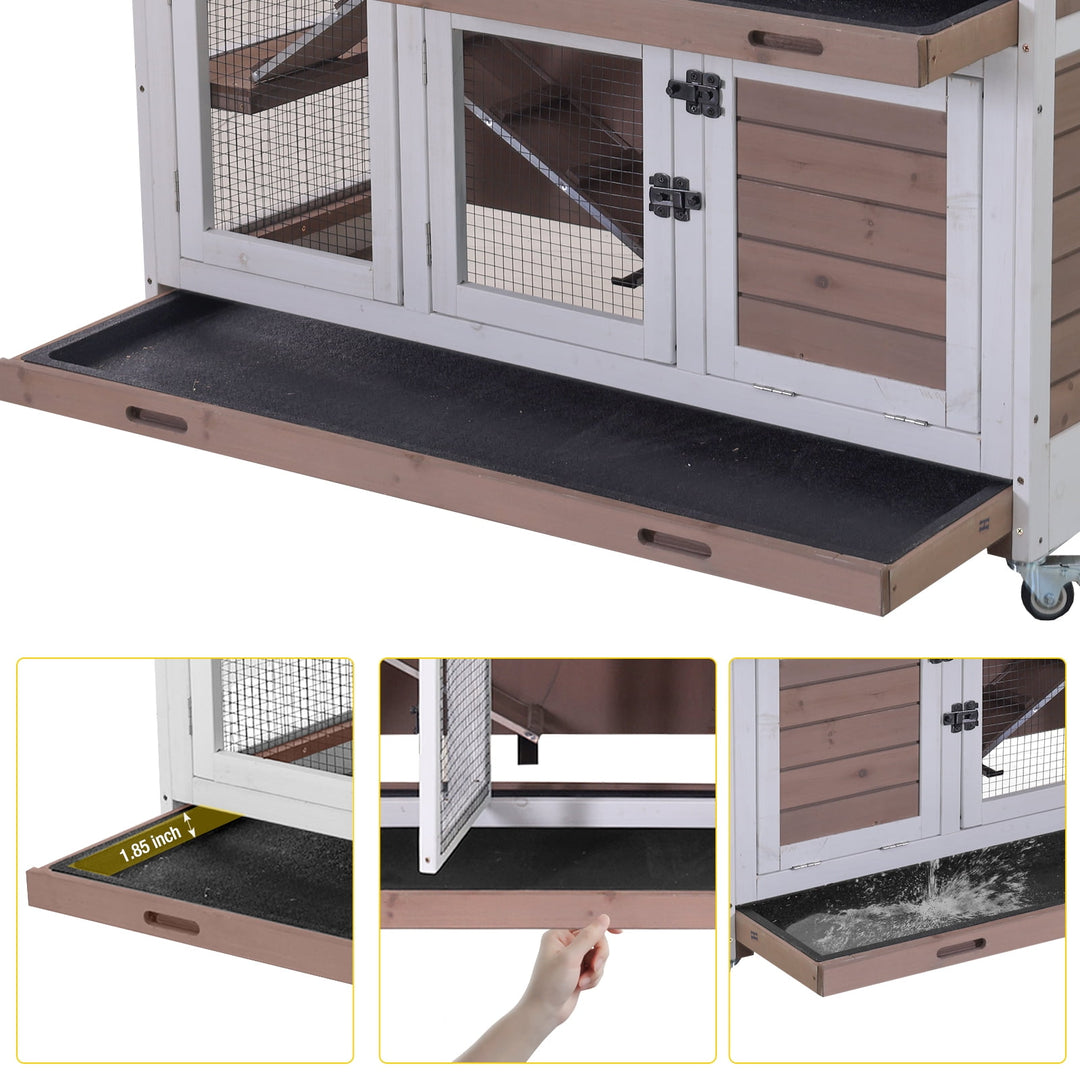 MEDEHOO Rabbit Hutch Indoor Bunny House Guinea Pig Cage with Sliding Plastic Trays, Wheels &amp; Ramp, 47.2" Multi-Door Wooden Small Animal Cage for Rabbits Bunnies, and Guinea Pigs, Brown AIR06 D-A11-WM