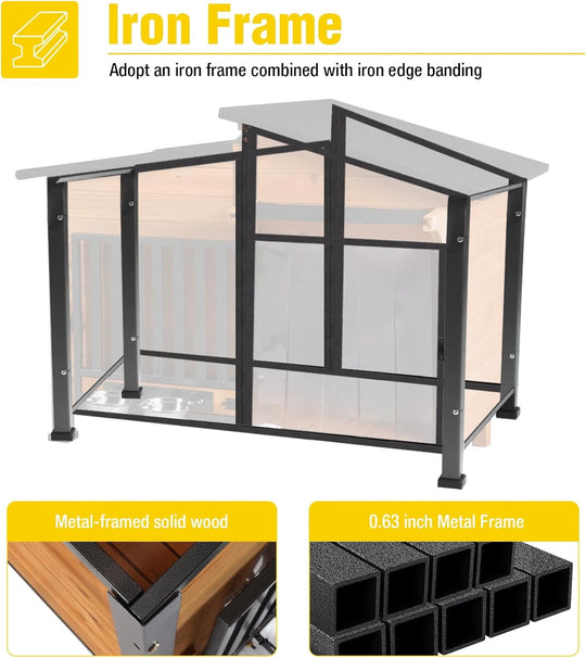 Dog House with Anti-Chewing Metal Frame Design Wooden Dog Kennel with Unique Design Roof, Weatherproof Dog House for Indoor &amp; Outdoor Use (Wood, L)