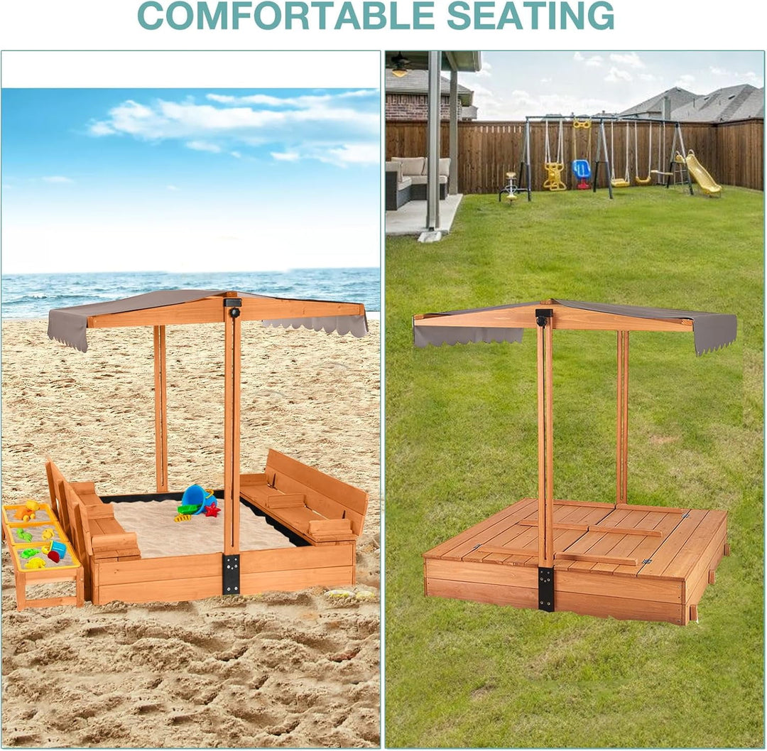 MEDEHOO Large Wooden Kids Sand Box with Cover, Sandbox with Lid Foldable Beench Seats, Sand Boxes for Backyard Garden, Beach Patio Outdoor COL08-A11-WM