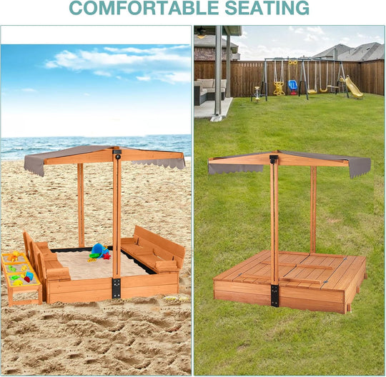 MEDEHOO Large Wooden Kids Sand Box with Cover, Sandbox with Lid Foldable Beench Seats, Sand Boxes for Backyard Garden, Beach Patio Outdoor COL08-A11-WM