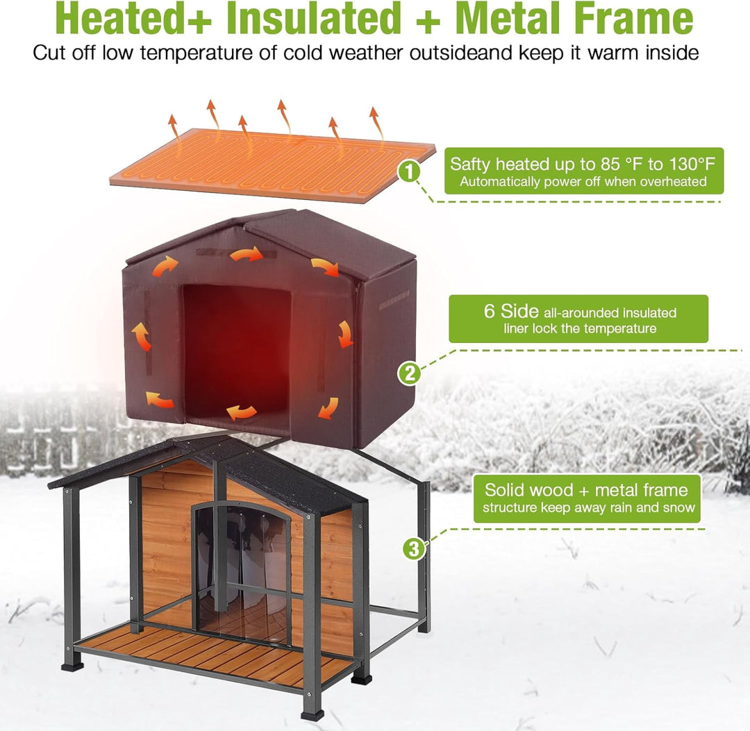 MEDEHOO Heated Dog House for Outside Insulated Dog House Outdoor Weatherproof with Safe Heated Pad, Chew-Proof Metal Frame and Insulated Liner for Medium Dogs, 40.6" L x 34.3" W x 31.5" H