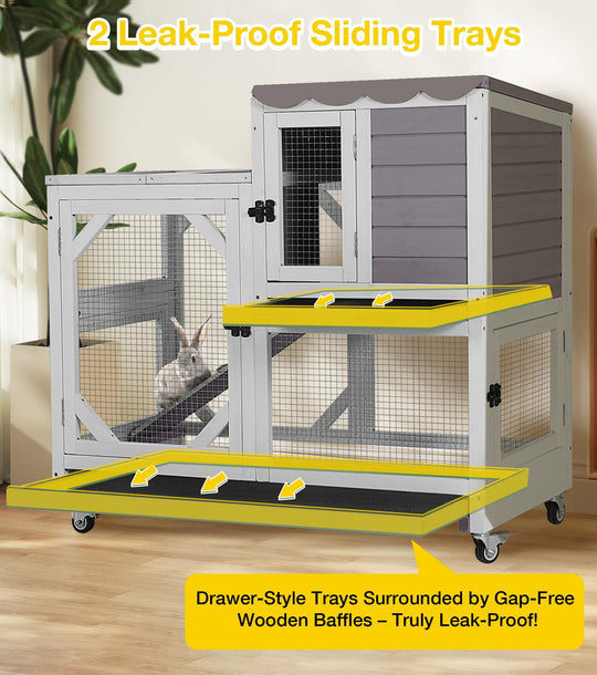 MEDEHOO Rabbit Cage Indoor, 2-Story Bunny Cage with Leak-Proof Trays, Chew-Proof Wooden Rabbit Cage on Wheels for Small Pets (39.3" L x 22" W x 36.8" H) AIR7013-G-A11-WM